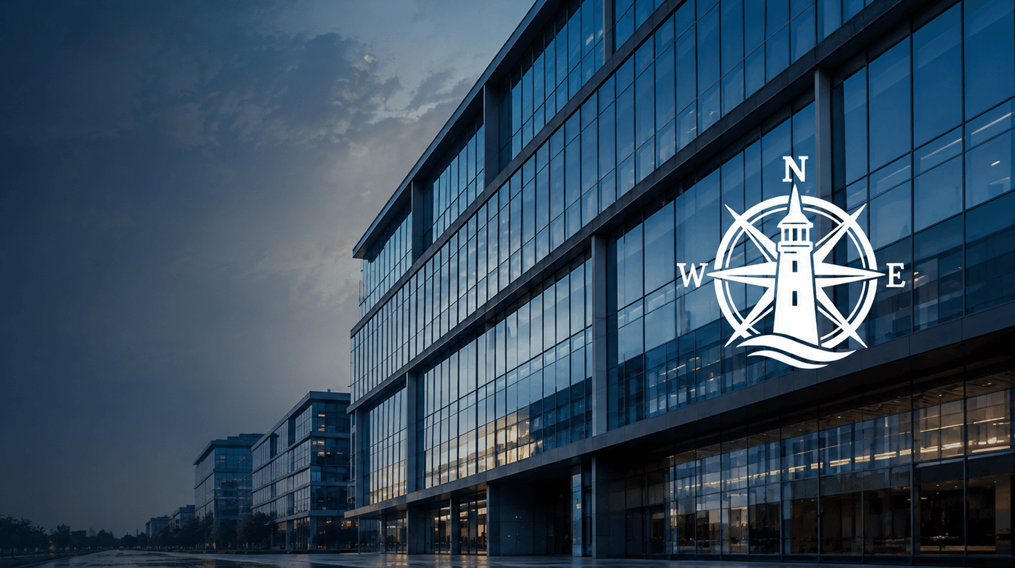 Modern commercial property exterior at dusk