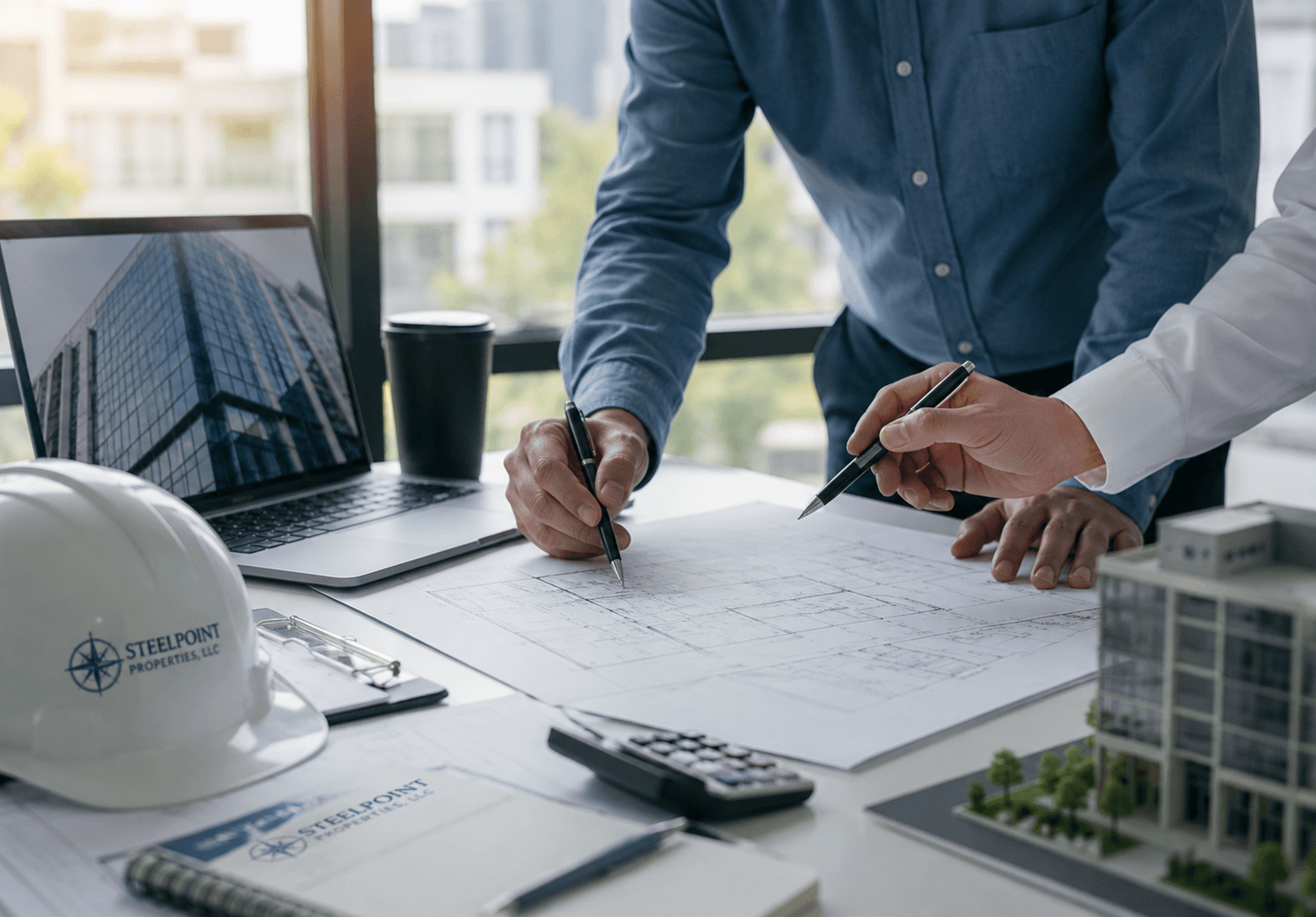 Property professional reviewing inspection documents and plans