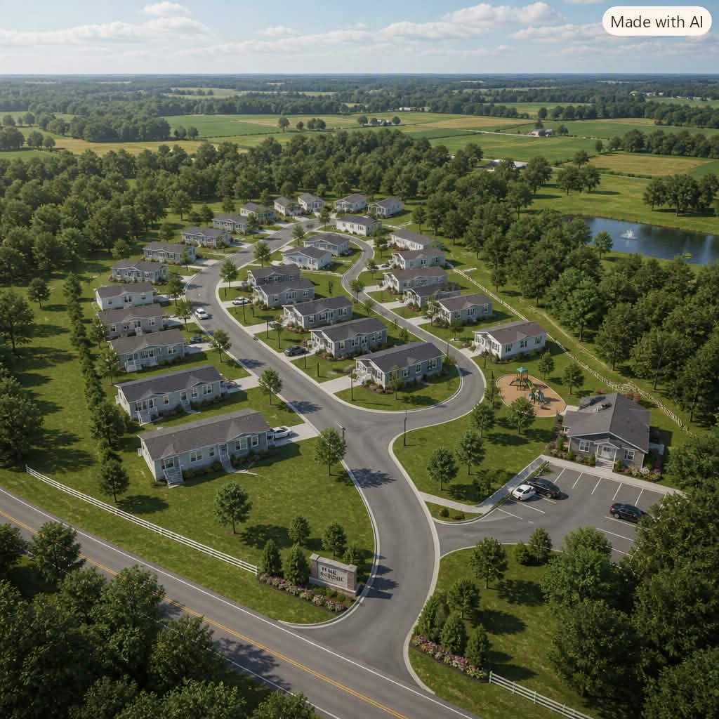 Aerial rendering of a mid-sized modular home community with organized lots, paved roads, and green buffers