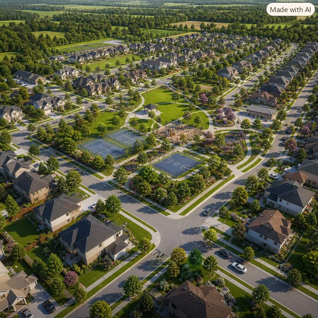 Aerial rendering of a planned residential community with parks, courts, and organized streets